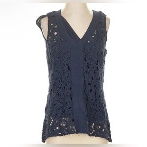 XCVI Navy Crochet V-neck Sleeveless Top